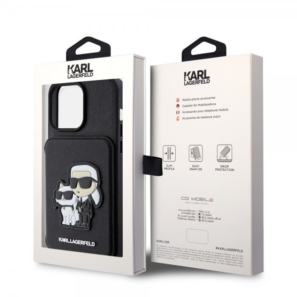 Karl Lagerfeld iPhone 15 Pro Max Suojakuori Saffiano Korttipaikat & Teline Musta