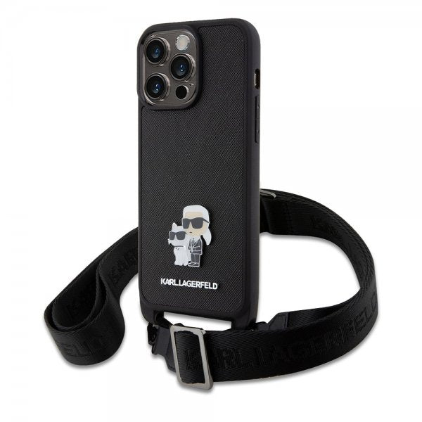 Karl Lagerfeld iPhone 15 Pro Max Saffiano Karl & Choupette Crossbody -suojakuori, musta