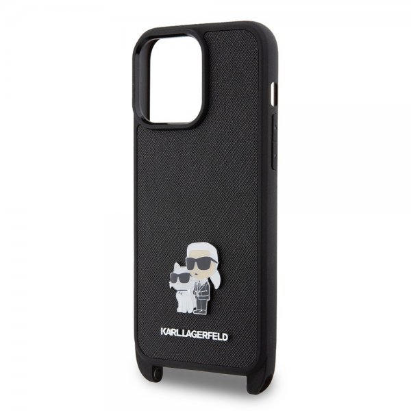 Karl Lagerfeld iPhone 15 Pro Max Saffiano Karl & Choupette Crossbody -suojakuori, musta