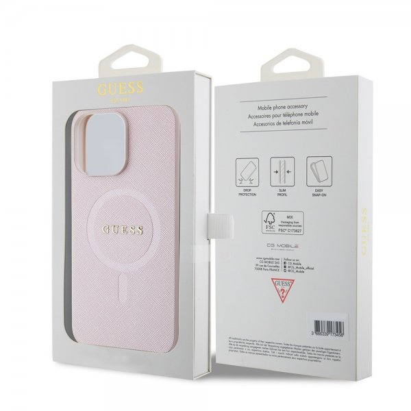 Guess iPhone 15 Pro Max Saffiano MagSafe -kuori, vaaleanpunainen