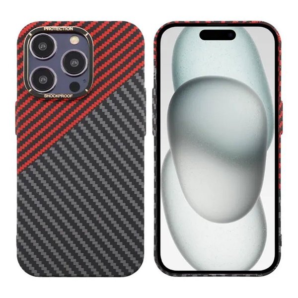 iPhone 15 Pro Kuori Hiilikuitukuvio Musta Punainen