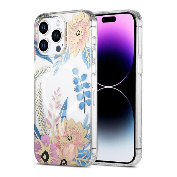 iPhone 15 Pro -kuori, kukkakuvio, MagSafe, pinkki/sininen