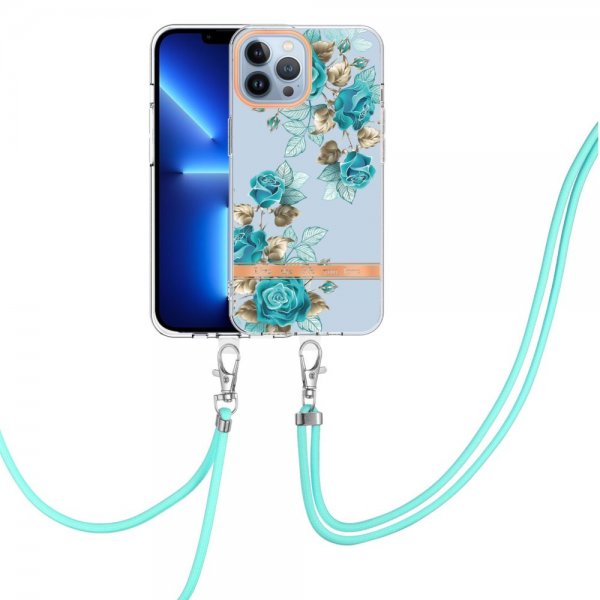 iPhone 15 Pro Kuori Kukkakuviointi hihnalla Siniset ruusut