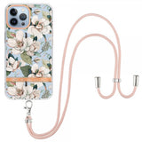 iPhone 15 Pro -kuoret kukkakuviolla ja rannehihnalla, vihreä gardenia