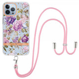 iPhone 15 Pro Kuori Kukkakuviointi hihnalla, violetti pioni
