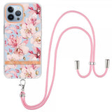 iPhone 15 Pro Kuori Kukkakuviointi hihnalla Ruusuinen Gardenia