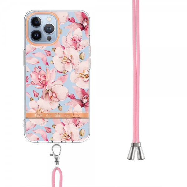 iPhone 15 Pro Kuori Kukkakuviointi hihnalla Ruusuinen Gardenia