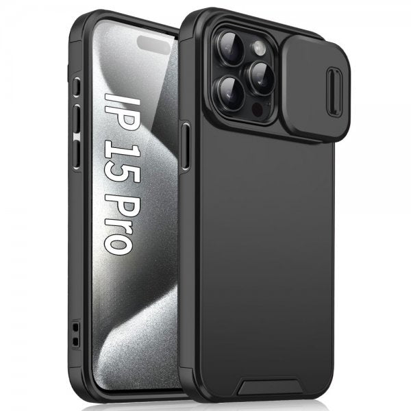 iPhone 15 Pro -suojakuori kameralinssin liu'ulla, musta