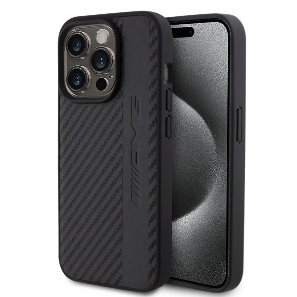 Mercedes Benz iPhone 15 Pro Kuori Hiilikuituvaikutelma Nahkaremmi AMG Musta