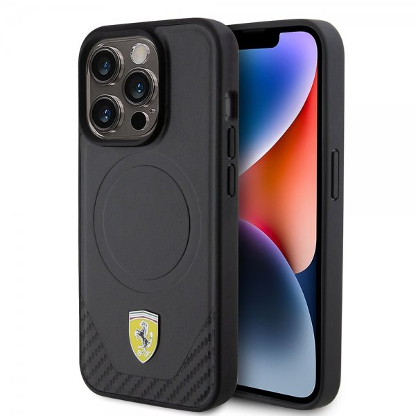 Ferrari iPhone 15 Pro -suojakuori, hiilikuituinen PU-nahka, MagSafe, musta