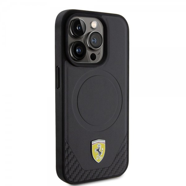 Ferrari iPhone 15 Pro -suojakuori, hiilikuituinen PU-nahka, MagSafe, musta