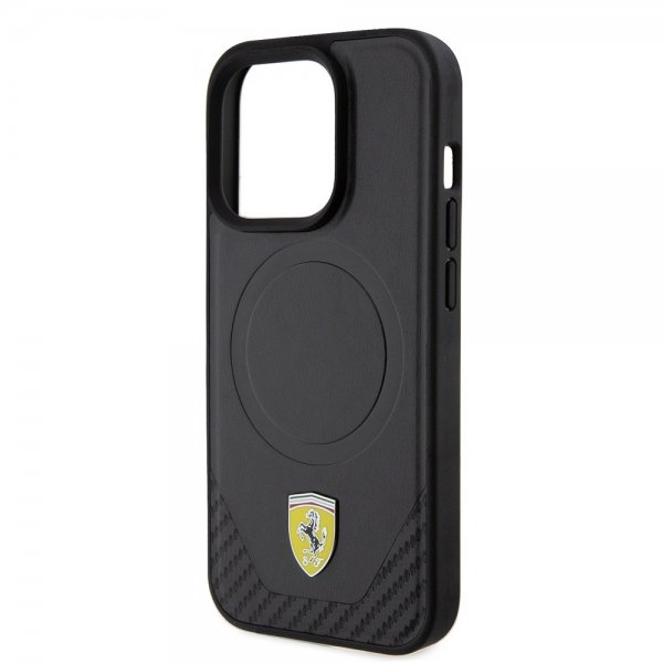 Ferrari iPhone 15 Pro -suojakuori, hiilikuituinen PU-nahka, MagSafe, musta