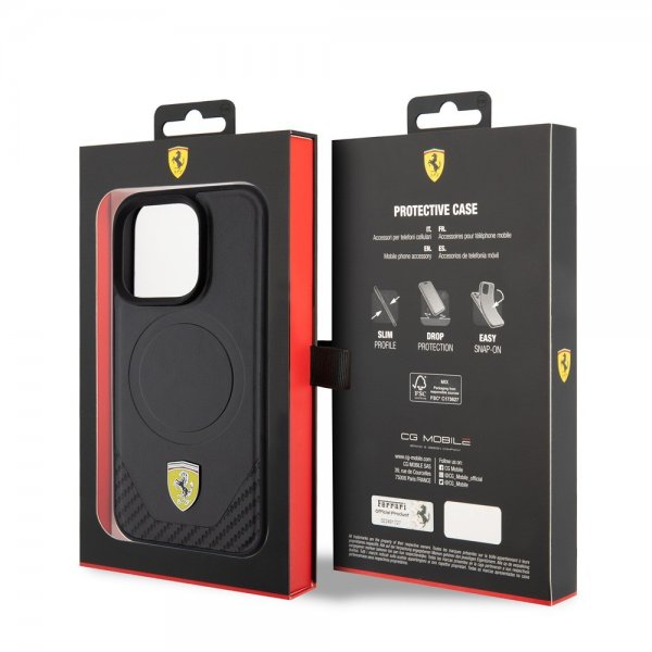 Ferrari iPhone 15 Pro -suojakuori, hiilikuituinen PU-nahka, MagSafe, musta