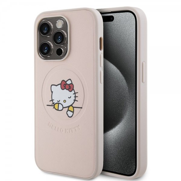 Hello Kitty iPhone 15 Pro -kuori kohokuvioitu logolla MagSafe pinkki