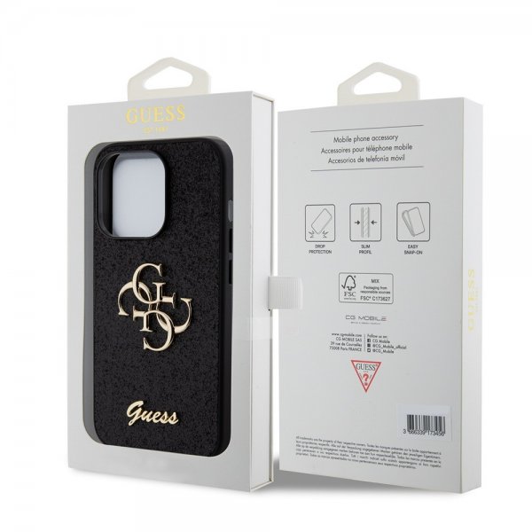Guess iPhone 15 Pro -suojakuori Fixed Glitter, musta