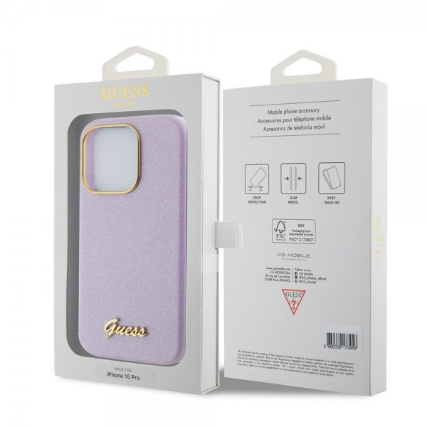 Guess iPhone 15 Pro -kuori, täysi kimalle, Wrapped Lilac
