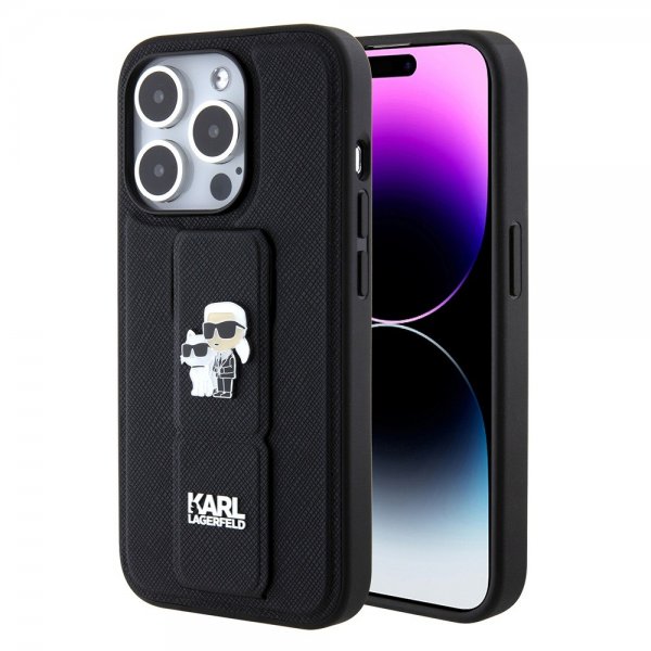 Karl Lagerfeld iPhone 15 Pro -suojakuori jalustalla, musta