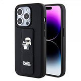 Karl Lagerfeld iPhone 15 Pro -suojakuori jalustalla, musta
