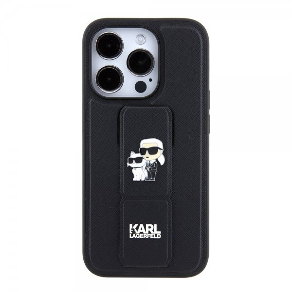Karl Lagerfeld iPhone 15 Pro -suojakuori jalustalla, musta