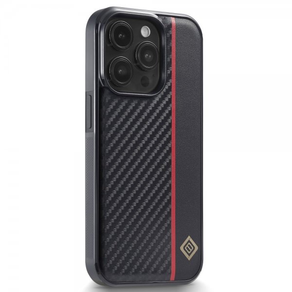 Lc.Imeeke iPhone 15 Pro -kuori, hiilikuitutekstuuri, punainen raita, musta
