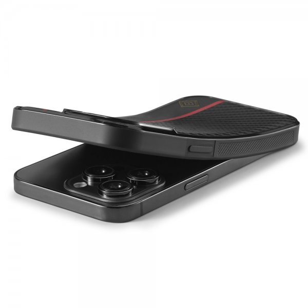 Lc.Imeeke iPhone 15 Pro -kuori, hiilikuitutekstuuri, punainen raita, musta