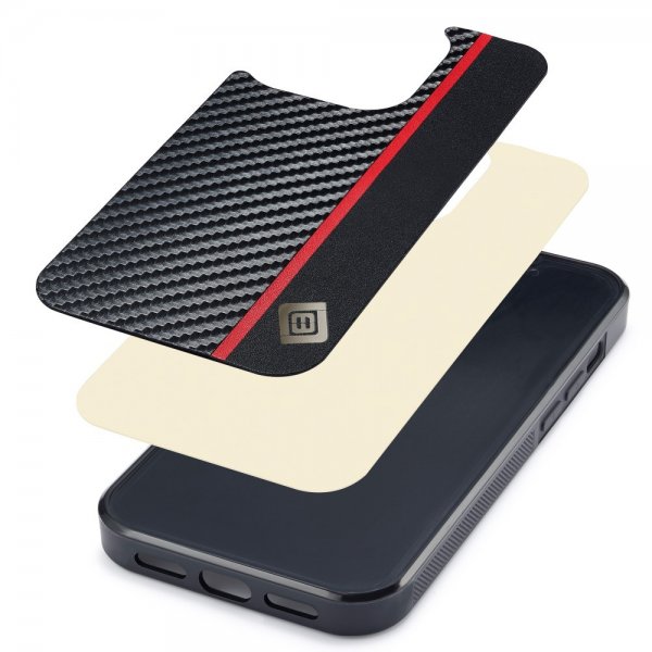Lc.Imeeke iPhone 15 Pro -kuori, hiilikuitutekstuuri, punainen raita, musta