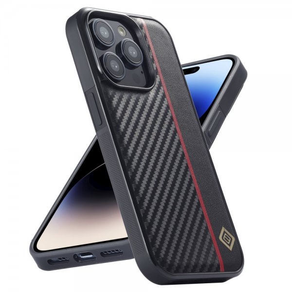Lc.Imeeke iPhone 15 Pro -kuori, hiilikuitutekstuuri, punainen raita, musta