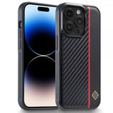 Lc.Imeeke iPhone 15 Pro -kuori, hiilikuitutekstuuri, punainen raita, musta