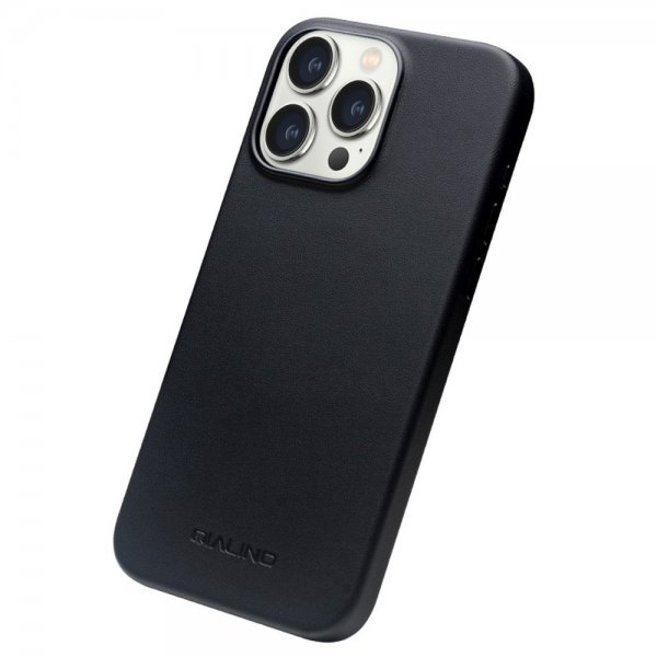Qialino iPhone 15 Pro -kuori, keinonahkaa, MagSafe, musta