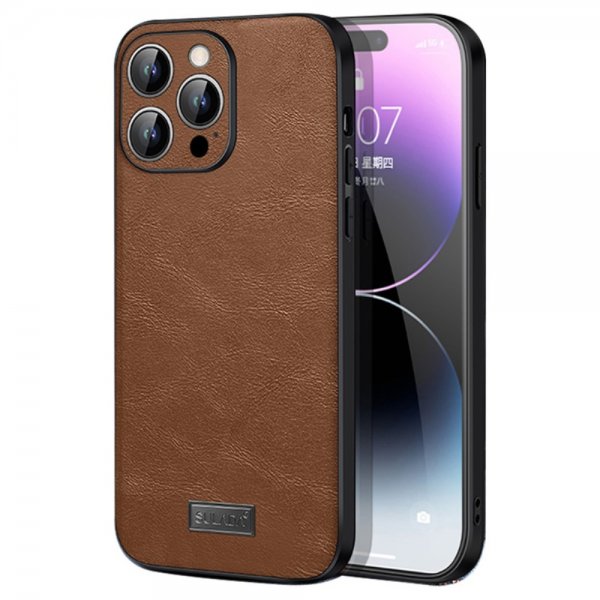 Sulada iPhone 15 Pro Kuori Nahkakuvioinen Ruskea