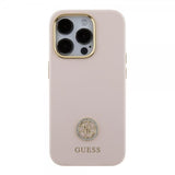 Guess iPhone 15 Pro -kuori, nestemäinen silikoni, metallinen logo, vaaleanpunainen