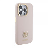 Guess iPhone 15 Pro -kuori, nestemäinen silikoni, metallinen logo, vaaleanpunainen