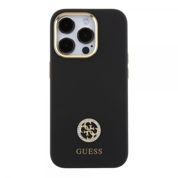 Guess iPhone 15 Pro -kuori, Liquid Silicone, Metal Logo, musta