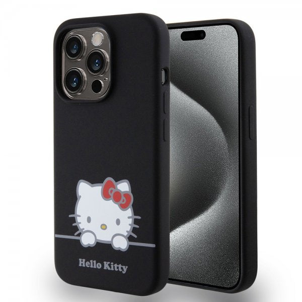 Hello Kitty iPhone 15 Pro -kuori, nestemäinen silikoni, musta