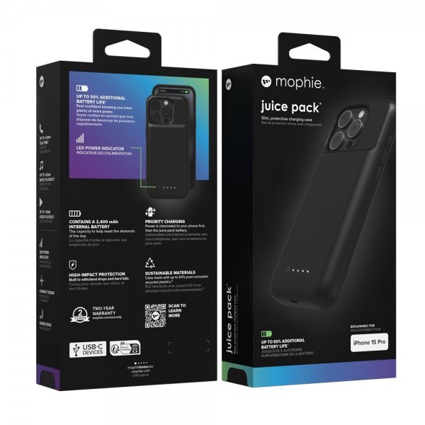 Mophie iPhone 15 Pro -kuori sisäänrakennetulla Juice Pack -varavirtalähteellä, musta