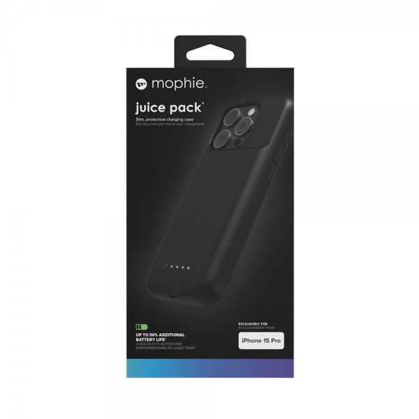 Mophie iPhone 15 Pro -kuori sisäänrakennetulla Juice Pack -varavirtalähteellä, musta