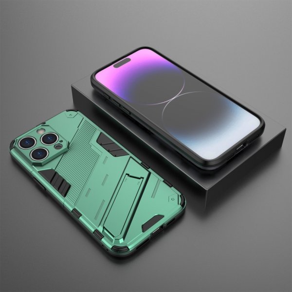 iPhone 15 Pro -kuori jalustalla, vihreä