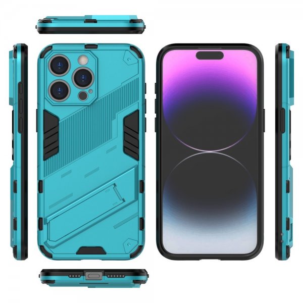 iPhone 15 Pro -kotelo jalustalla, vaaleansininen