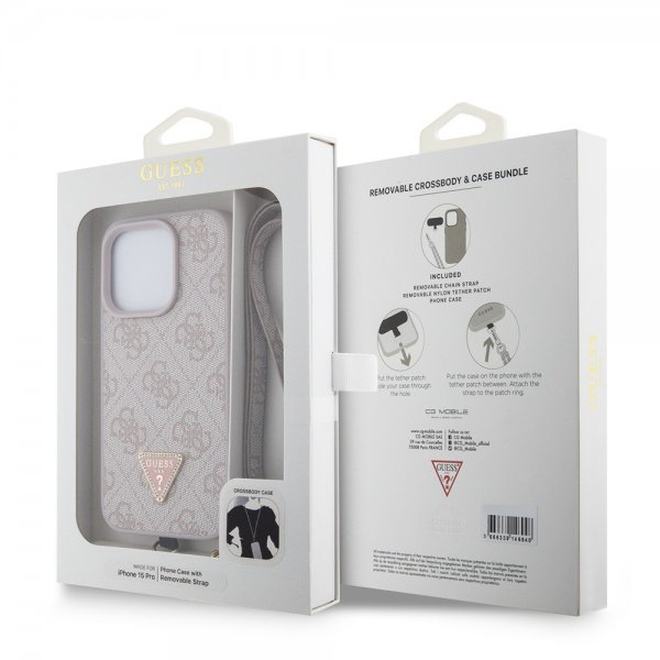 Guess iPhone 15 Pro Kuori Metal Logo Strass Crossbody Strap Ruusu