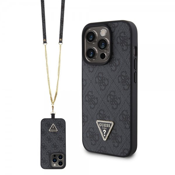 Guess iPhone 15 Pro Kuori Metal Logo Strass Crossbody Strap Musta