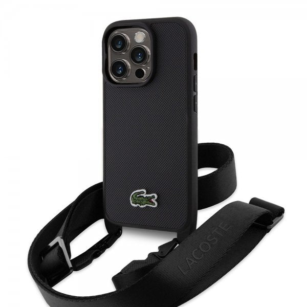 Lacoste iPhone 15 Pro -suojakuori Petit Pique Logo Strap, musta