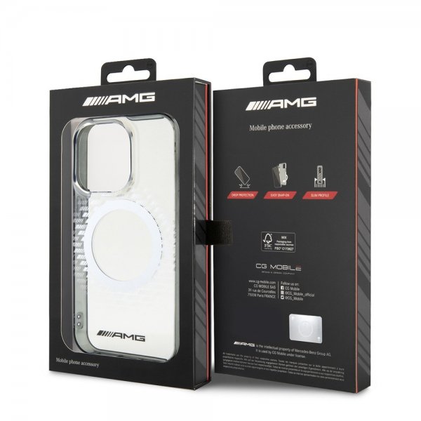 Mercedes Benz iPhone 15 Pro -suojakuori, vinoneliökuvio, MagSafe, AMG, läpinäkyvä