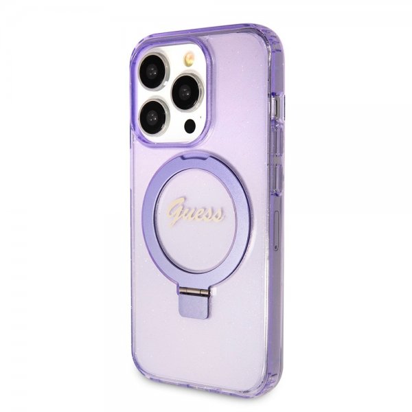 Guess iPhone 15 Pro Max Kuori Sormusteline Glitter MagSafe Violetti