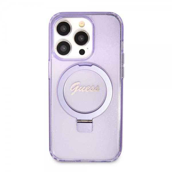 Guess iPhone 15 Pro Max Kuori Sormusteline Glitter MagSafe Violetti