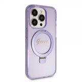 Guess iPhone 15 Pro Kuori Ring Stand Glitter MagSafe Violetti