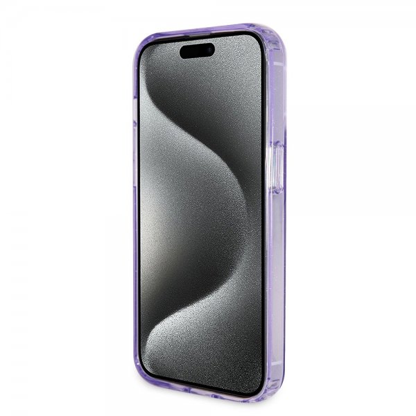 Guess iPhone 15 Pro Kuori Ring Stand Glitter MagSafe Violetti