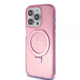 Guess iPhone 15 Pro -kuori Ring Stand Glitter MagSafe Rose