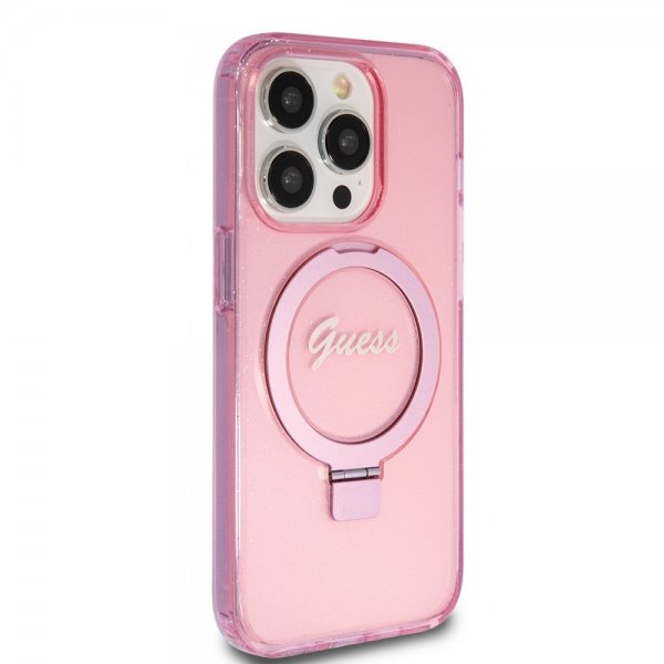 Guess iPhone 15 Pro -kuori Ring Stand Glitter MagSafe Rose
