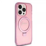 Guess iPhone 15 Pro -kuori Ring Stand Glitter MagSafe Rose