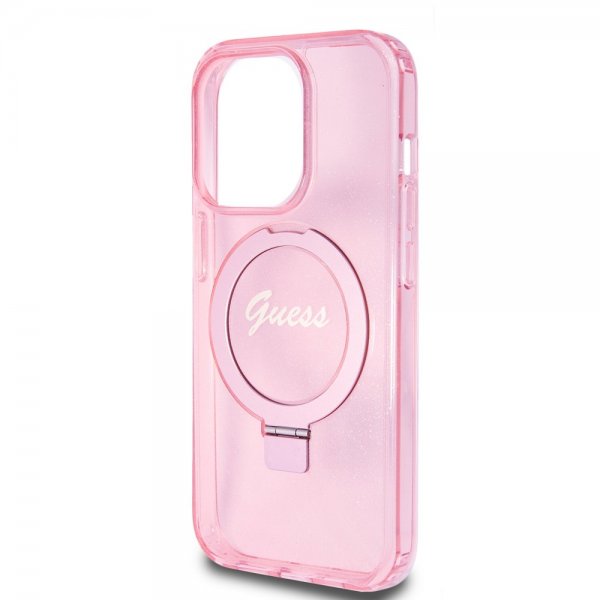 Guess iPhone 15 Pro -kuori Ring Stand Glitter MagSafe Rose